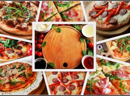 Collage With Different Types Of Pizza . Food Ingredients For Pizza On Wooden Table. Top View